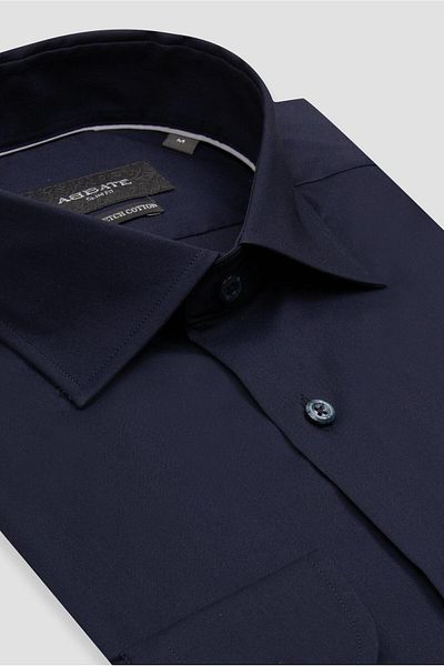 Abbate Enzo Poplin Stretch Cotton Blended Slim Fit Navy Blue Classic Collar Men's Solid Shirt