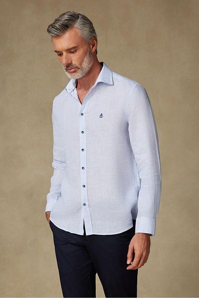 Abbate Lieno Linen Linen Comfort Fit Dark Blue Classic Collar Men's Striped Shirt