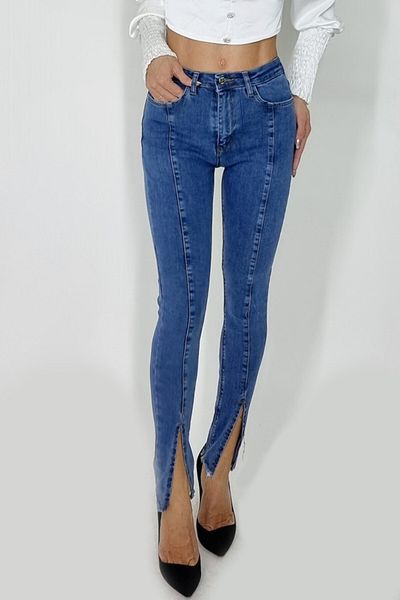 FashionForYou Blugi de damă Tessa, croială regulată, talie medie, decupaj în partea de jos și cusături contrastante, albastru, mărimea 38