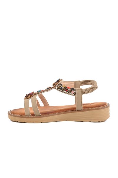 Voyager Beige Genuine Leather Stone Embroidered Women's Flat Sandals