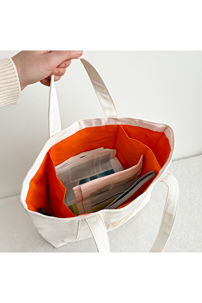 UCCELLO White Tote Bag with N Logo - Beach Bag, Thick Fabric, Orange Lining, Shoulder Strap