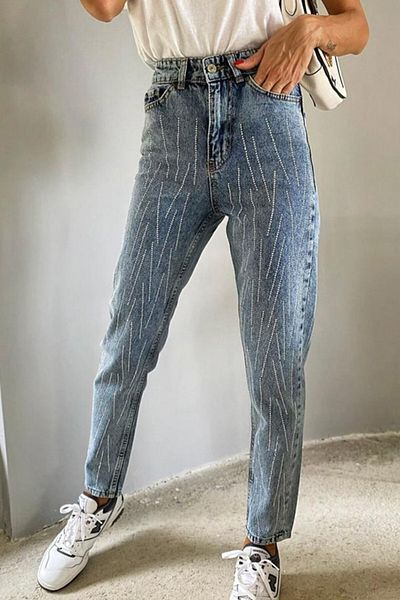FashionForYou Blugi Pierre pentru femei, croială Mom, talie înaltă cu strasuri, albastru deschis, 38