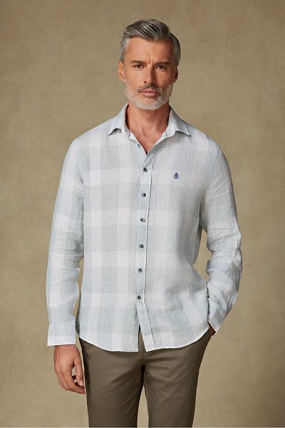 Abbate Lieno Linen Linen Comfort Fit Light Green Classic Collar Men's Checkered Shirt