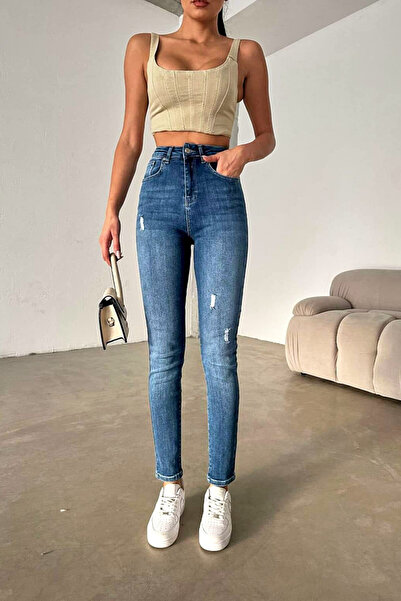 FashionForYou Women's jeans, NARY, elastic boyfriend cut with high waist, Blue