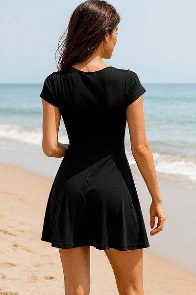 Ceylen Women's Swimsuit Dress with U-Neck Short Sleeve Black Shorts