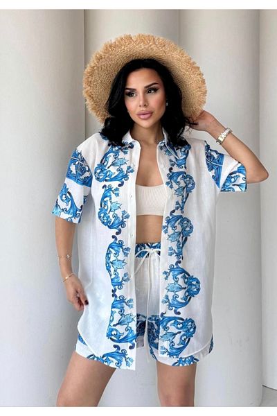 HandCo Linen Mediterranean Patterned Summer Shirt Shorts Set |   Comfortable Summer Combination