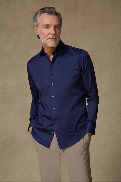 Abbate Donatello Satin Cotton Slim Fit Navy Blue Classic Collar Men's Plain Shirt