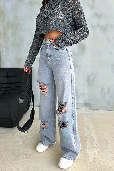 FashionForYou Blugi Nepal Baggy, cu perforații asimetrice largi și talie înaltă, albastru zăpadă, 40