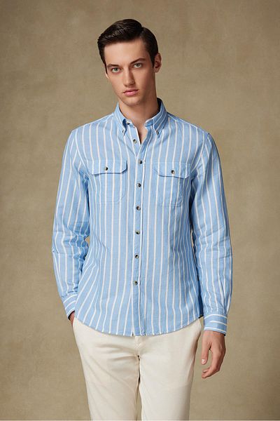 Abbate Alba Linen Cotton Linen Blended Comfort Fit Dark Blue Button Collar Men's Striped Shirt