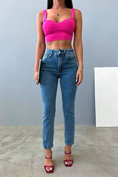 FashionForYou Τζιν Acapulco mom fit, ψηλόμεσο και ελαφρώς λάστιχο, ανοιχτό μπλε
