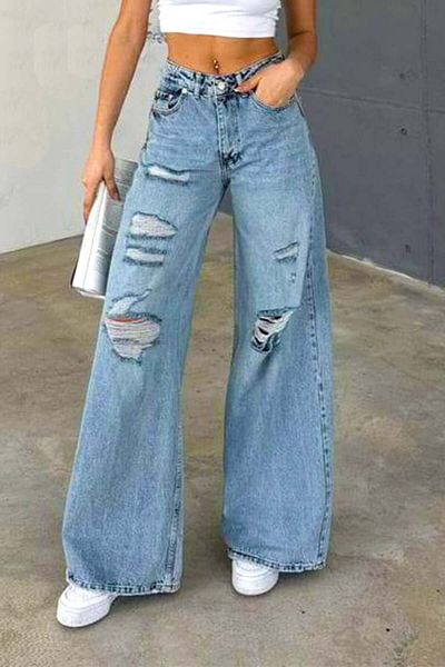 FashionForYou Blugi Guana cu croială largă, cu perforații asimetrice mari și croială lejeră, albastru deschis, mărimea 38