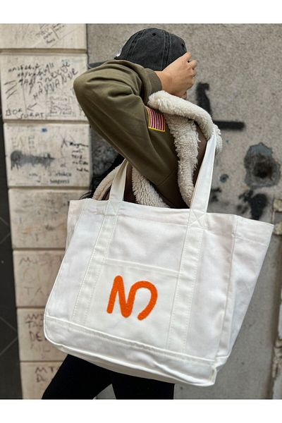 UCCELLO White Tote Bag with N Logo - Beach Bag, Thick Fabric, Orange Lining, Shoulder Strap