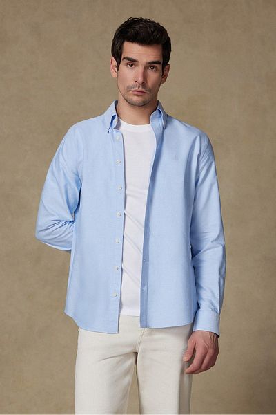 Abbate Marcel American Oxford Cotton Comfort Fit Light Blue Button-Down Collar Men's Solid Shirt