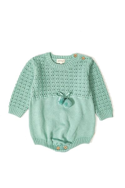 Uludağ Triko Green Organic Cotton Pompom Bow Baby Girl Salopet Jumpsuit