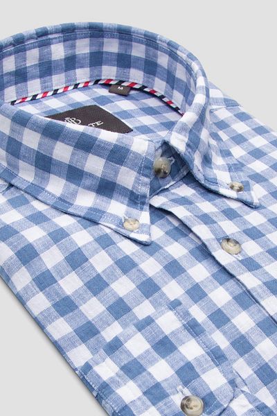 Abbate Sorento Linen Linen Comfort Fit Dark Blue Button Collar Men's Checkered Shirt