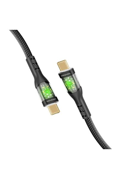Promate 60W Super Fast Charging Type-C Cable with Gold-Plated Transparent Charging Head Supports Data Transfer