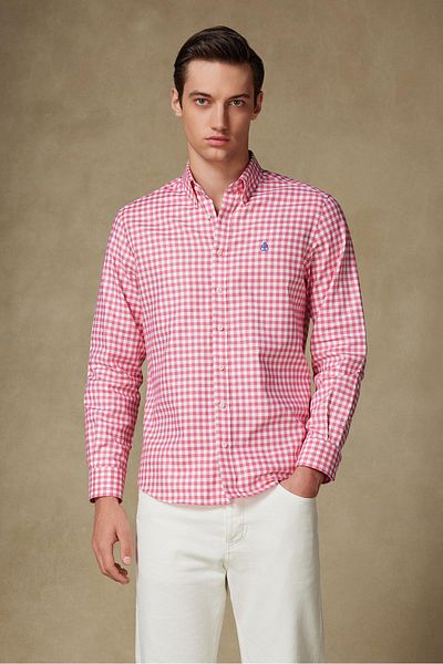 Abbate Lusso Twill Cotton Comfort Fit Pink Button Collar Men's Checkered Shirt