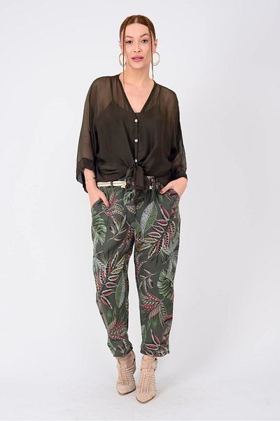 Park Moda 7232 Spring Leaf Pattern Belt Detail Linen Carrot Pants