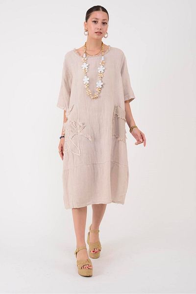 Park Moda 10734 Lova Raised Fringe Detail Single Pocket Linen Dress