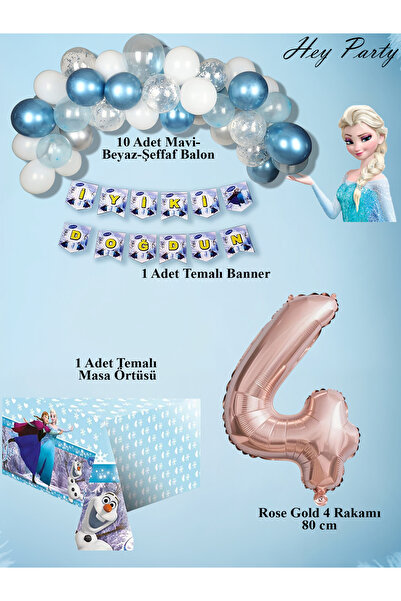 PartyPoo Frozen Elsa Temalı Doğum Günü Parti Seti | 4 Yaş Rose Rakam Balonlu ...
