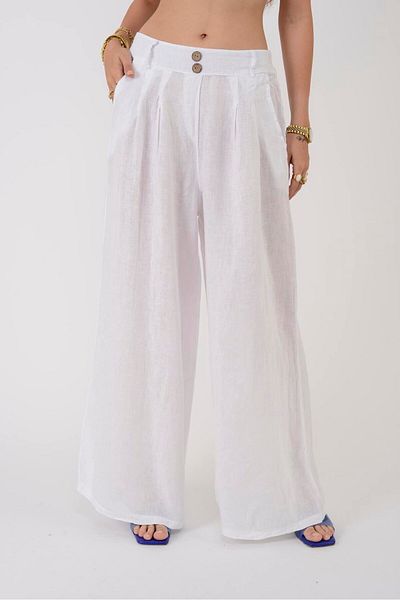 Park Moda 30550 Button Detail Pleated Palazzo Linen Pants