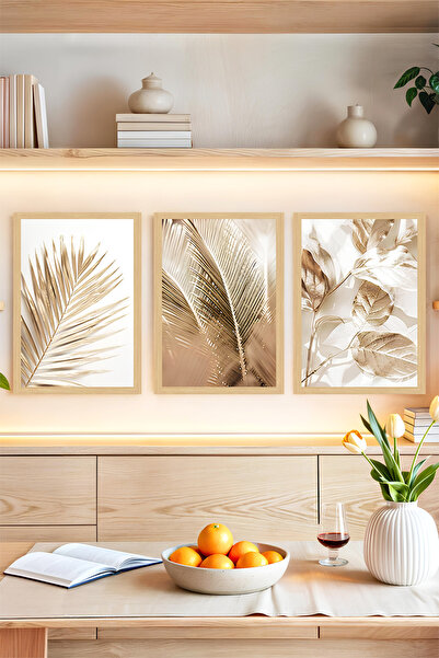 kutuTR 🌿 Altın Tonlarında Bitkisel Desenli Çerçeve Görünümlü 3’lü Tablo Seti...