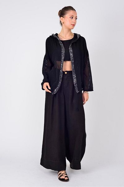 Park Moda 12786 Leather Detailed Linen Pants