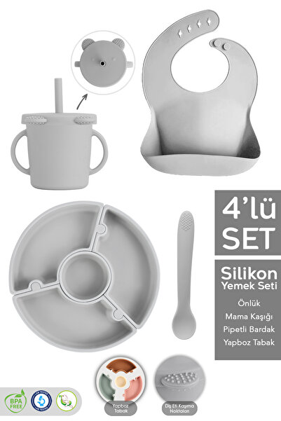Meleni Baby مجموعة تغذية سيليكون مكونة من 4 قطع - طبق طعام على شكل بازل، كوب مع مصاصة، ملعقة مسننة باللون الرمادي