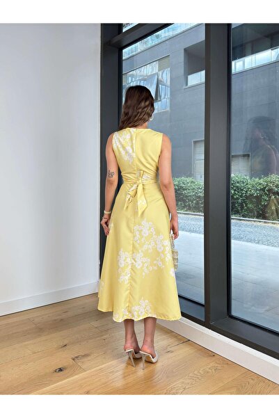modaçelikler V Yaka Belden Bağlama Detaylı Opsen Sarı Kadın Elbise 25Y494