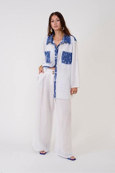 Park Moda 30550 Button Detail Pleated Palazzo Linen Pants