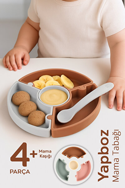 Meleni Baby Puzzle Mama Tabağı Kaşık Seti - Silikon Vakum Tabanlı Yapboz Mama...