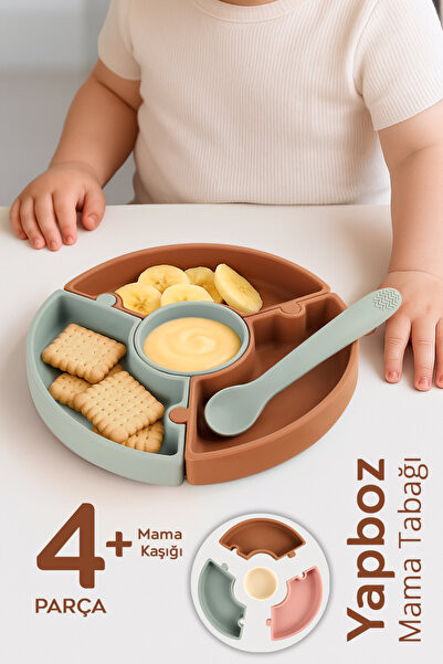 Meleni Baby Puzzle Mama Tabağı Kaşık Seti - Silikon Vakum Tabanlı Yapboz Mama...