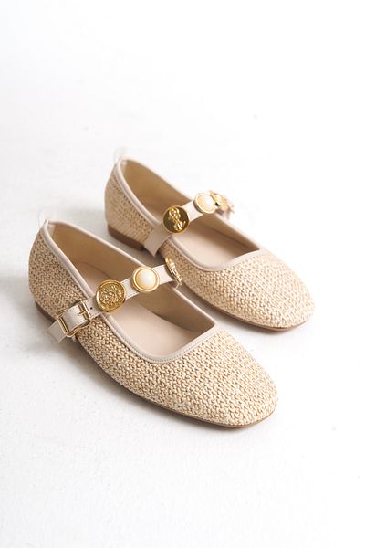 Solo Bag Women's Daily Stylish Ringed Straw Look Adjustable Elastic Buckle Ballet Shoes