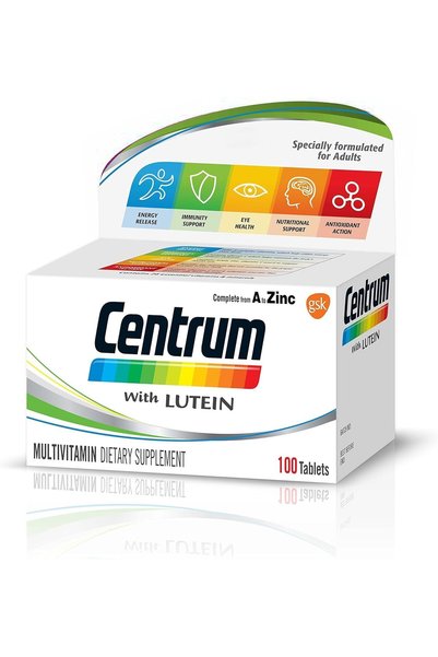 Centrum مع اللوتين، مكملات فيتامين أ والزنك للبالغين مع فيتامين ب، ج، د، والمعادن، والعناصر الغذائية 100