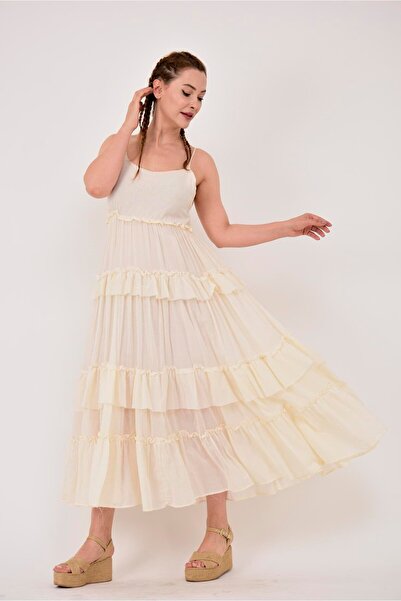 Park Moda AN10590 FIRFIR DETAY VOLANLI ASKILI HAM BOHEM ELBİSE