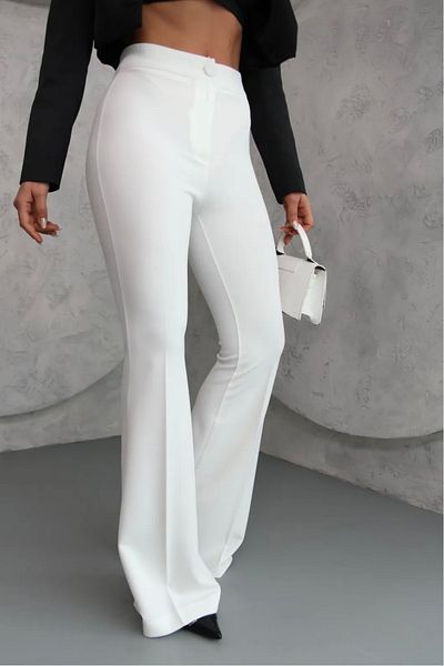 ŞULE BUTİK Flared High Waist Crepe Fabric White Trousers