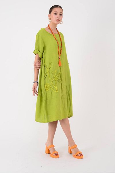 Park Moda 10734 Lova Raised Fringe Detail Single Pocket Linen Dress