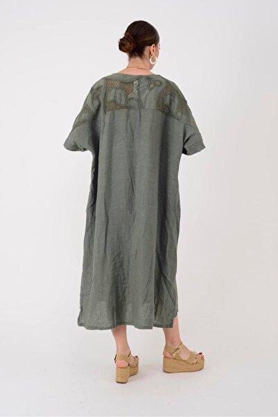 Park Moda 11227 LOVA SIRTI AJUR İŞLEME DETAYLI V YAKA KETEN ELBİSE