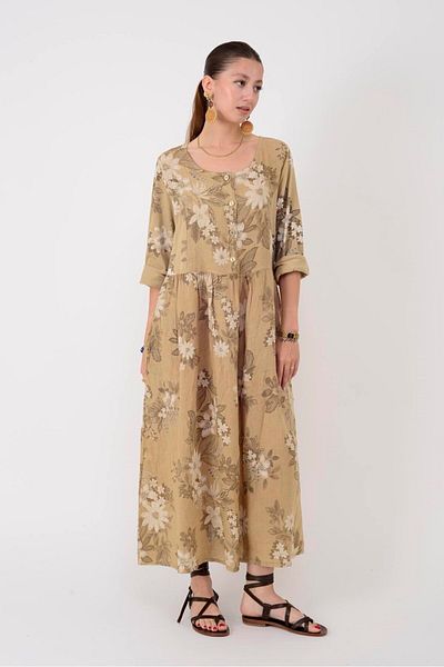 Park Moda 1283 Lova Spring Pattern Buttoned Linen Dress
