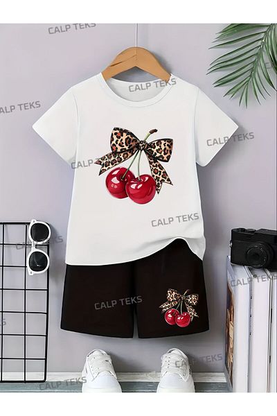 CALP TEKS Cherry Ribbon Printed Shorts-T-Shirt Summer Set