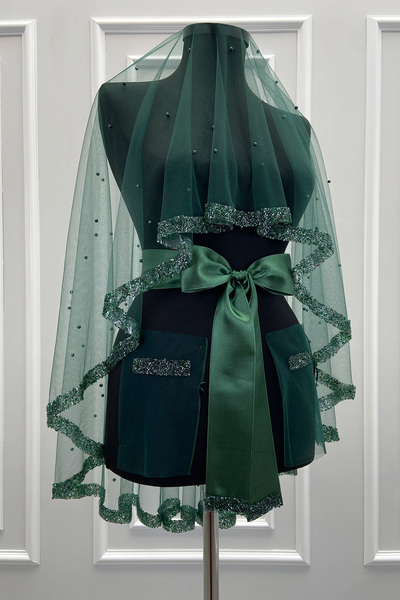 ZEYMERADE طقم ستارة العروس الخضراء مع خرز زجاجي ولؤلؤ، طقم ستارة ليلة الهينا ...