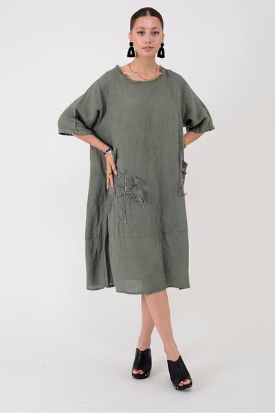 Park Moda 10734 Lova Raised Fringe Detail Single Pocket Linen Dress