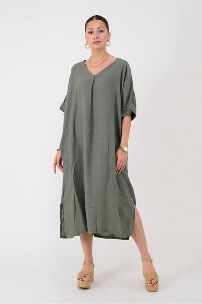 Park Moda 11227 Lova Back Openworked Detailed V-Neck Linen Dress