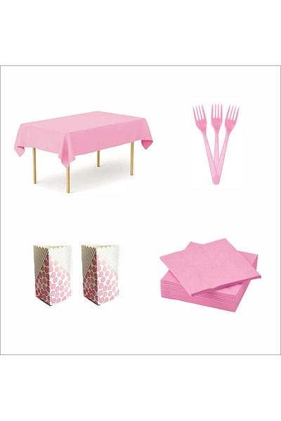 ZENVİVA Pink Table Cloth, 10Pcs Napkins, 10Pcs Forks, 8Pcs Corn Boxes
