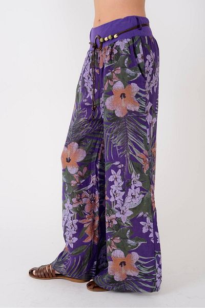 Park Moda 8730 Flower Pattern Wide Leg Belt Pants