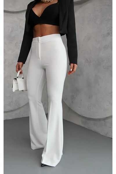 ŞULE BUTİK Flared High Waist Crepe Fabric White Trousers