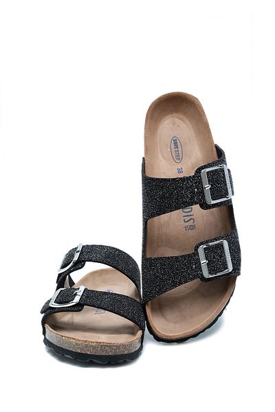 Kifidis K15011 Soft Step Women's Double Banded Cork Slippers 36-41 Black/Black