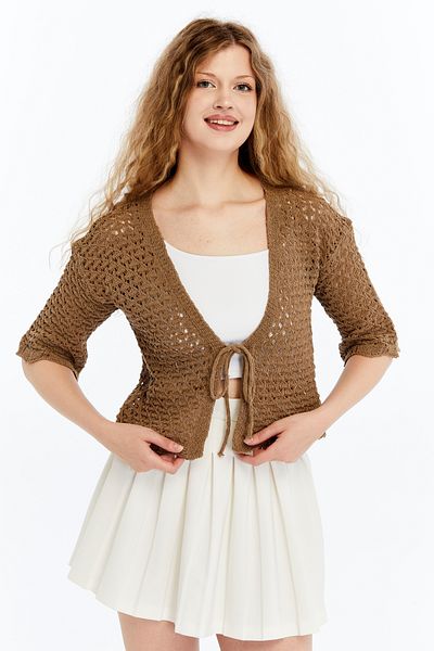 MA ananas Women's Openwork Rope Tie Short Sleeve Cardigan
