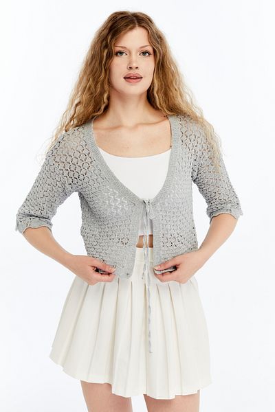 MA ananas Women's Openwork Rope Tie Short Sleeve Cardigan