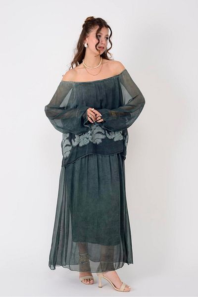 Park Moda Sn338 Madonna Collar Silk Dress with Relief Sequence